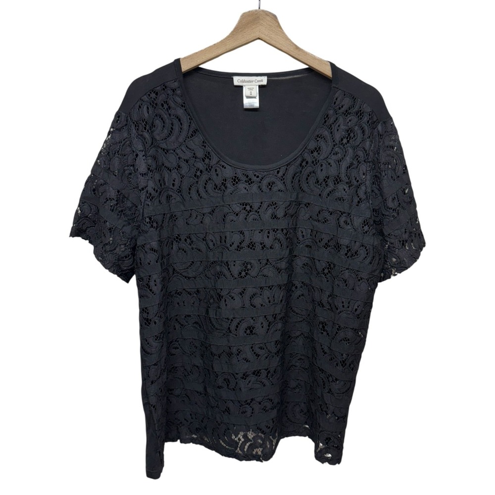 Coldwater Creek Womens Lace Top Size 1X Black Semi‎ Sheer Short Sleeve